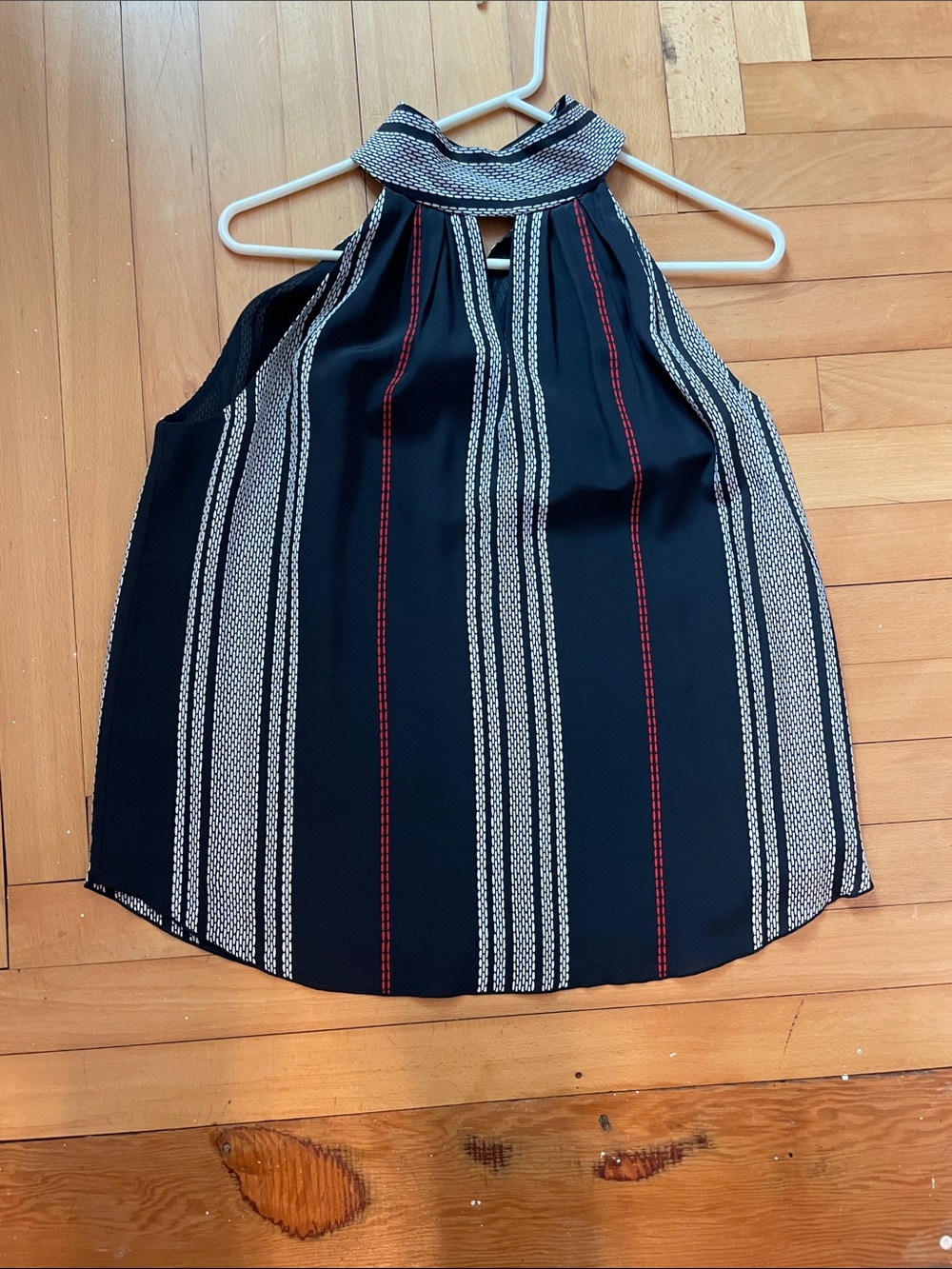 Joie Black Halter Mock Neck Striped Camisole with Red & White Accents